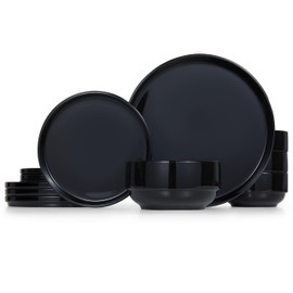 Vase and Vessel Ceramic Dinnerware Set, 12-Piece Service for 4, Soup Bowls (31.5 oz), Salad Plates (7.5"), Dinner Plates (10.5"), Round, Microwave and Dishwasher Safe, Black, Cambridge Classics