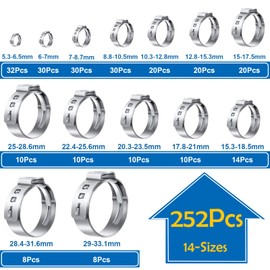 Seept 252Pcs 14-Sizes 304 Stainless Steel Single Ear Hose Clamps with Ear clamp plier 5.3-33.1mm Crimp Hose Clamps Assortment Kit for Auto/Home Appliance/Pipe/Fuel Line Stepless hose clamp with pincer