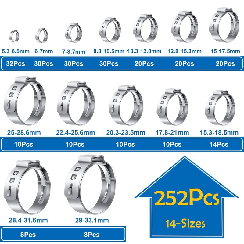 Seept 252Pcs 14-Sizes 304 Stainless Steel Single Ear Hose Clamps