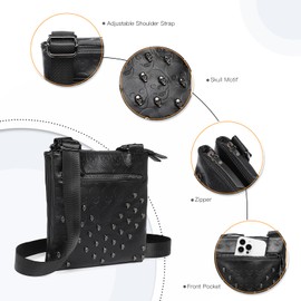 Miss Lulu Women’s Crossbody Bag, Skull Black Causal Phone Bag with Adjustable Long Strap, Multi-compartment Medium Size Shoulder Bag for Ladies