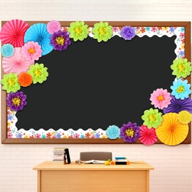 Supervitae 46 Pcs Floral Bulletin Board Borders Decorations 3D Flowers Classroom Bulletin Board Decor with Paper Fans Tissue Paper Flowers for Classroom Blackboard Home Wall Decorations