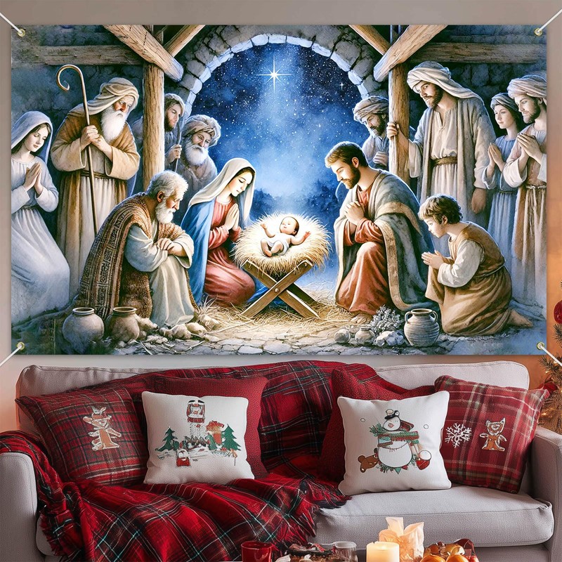 HOMETITUTE Nativity Scene Banner Holy Night Manger Decorations 71 x