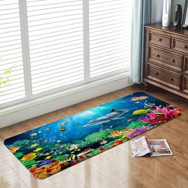 Bath mats in Bathroom and Kitchen Sponge Foam Carpet absorbs Soft (71 x 24 inches), Flange mats in Bedside and Living Room are Non Slip and Bright 3D Printing (Dolphin Underwater World)