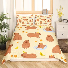 Homewish Capybaras Duvet Cover 135 x 200 cm Cute Brown Capybaras Comforter Cover for Toddlers Teens Youth, Cartoon Bird Capybara Orange Bedding Set with 1 Pillowcase, Yellow Brown