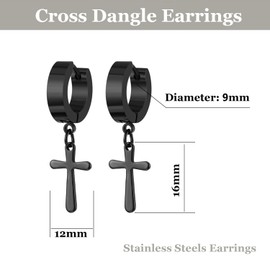 FASHGOOD Stainless Steel Cross Hoop Earrings, Minimalist Cross Dangle Huggie Earrings,Black Silver Cross Hoop Earrings for Women Men