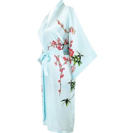 Kwedhonjh women's 100% silk kimono, short bathrobe pajamas, kimono pajamas (Plum light blue)