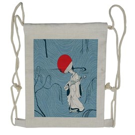 Lunarable Asian Drawstring Backpack, Japan Girl in Kimono Shamisen, Sackpack Bag