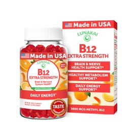 Lunakai Lunakai Extra Strength 3000mcg Vitamin B12 Gummies - USA Made, Delicious Daily Energy & Metabolism Support - Vegan B12 Methylcobalamin Supplement 60ct