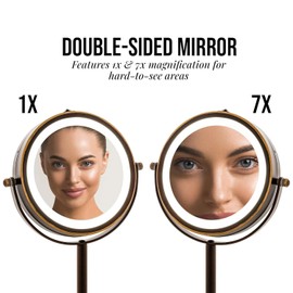 OVENTE 6" Lighted Makeup Mirror with 1X/7X Magnification, Cordless Tabletop Mount Vanity Round Mirror with 360° Swivel Design and Double Sided Cool Tone LED Ring Light, Antique Bronze MLT60ABZ1X7X