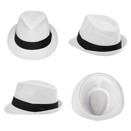 Straw Trilby Fedora Hat for Men Women 1920s Panama Hat Short Brim Summer Beach Sun Hat with Band White