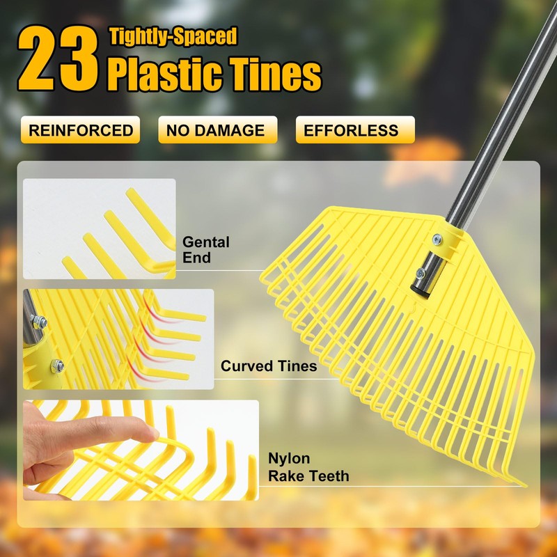 Leaf Rake,Unbreakable Nylon Graden Rake for Lawn,16.5” Wide,45” Long Handle,Yard