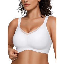 OEAK Womens Wireless Bras V Mesh Comfortable Bralette Supportive Tshirt Bra No Underwire Seamless Push Up Everyday Bras White M