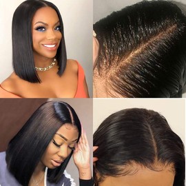 TOOCCI Bob Wig Human Hair for Black Women, Short Bob 2x6 Deep Part Lace Closure Wig Brazilian Straight Human Hair Glueless Bob Wigs with Baby Hair 150% Density (12inch)