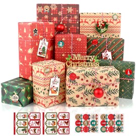 Christmas Wrapping Paper, 12 Sheets Recycled Gift Wrapping Paper Set, 28 x 20 inch Vintage Kraft Xmas Wrapping Paper Sheets with Tags Stickers, Gift Wrap for Christmas New Year Holiday Party Decor DIY Crafts