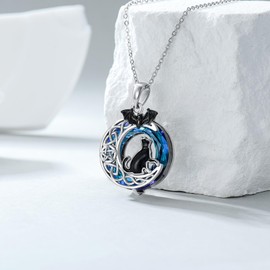 POPLYKE Black Cat Moon Necklace Sterling Silver Pentagram Celtic Bat Crystal Pendant Necklace Jewelry Gifts for Girls Women Cat Lovers
