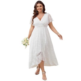 SCOMCHIC Womens Plus Size Wedding Guest Dress Formal Lace Wrap V Neck High Low Short Sleeve Cocktail Maxi Dresses XL-4XL White