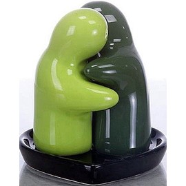 Salt and Pepper Shaker Set Ceramic Salt and Pepper Shaker Ghost Lovers (Light Green/Dark Green with Black Heart Coasters