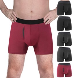 TIICHOO Incontinence Underwear for Men Washable Soft Reusable Leakproof Boxer Briefs with Fly Protective for Bladder Leakage 5 Pack (Small, 2 Black/2 Grey/ 1 Burgundy)