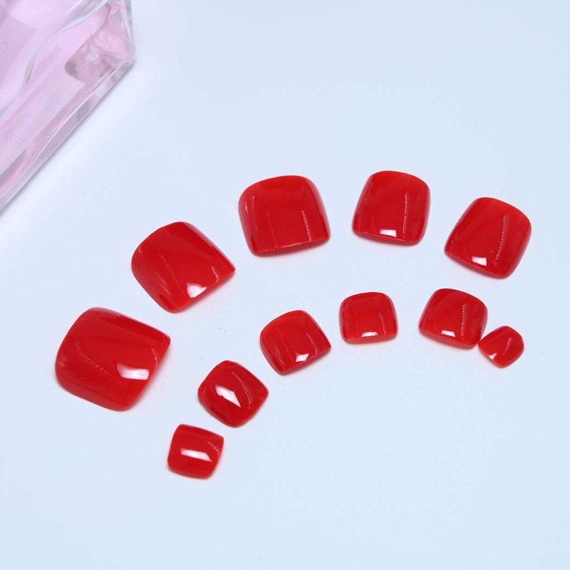 Yienate 24 Pieces False Nails for Toes, Red Chic Exquisite