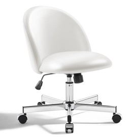 Morkprism Vanity Chair with Back,Armless Desk Chair Cute Small Office Chair,Leather Computer Chair with Adjustable Height,120°Tilting,Rolling,Swivel for Vanity,Kids Room,Office,Bedroom Pearl White