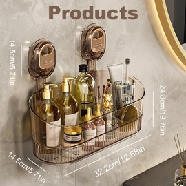 No Drill Bathroom Suction Storage Box, Removable Shower Basket No-Drill Suction Storage Large Capacity & Strong Load-Bearing Hanging Shower Shelf Organizer (Gold)