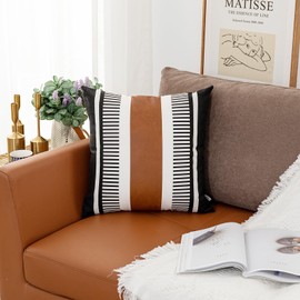 Vfuty Black White Boho Pillow Cover with Leather Modern Couch Cushion Cover 22x22 inch Farmhouse Stripe Pillowcase for Couch Bed, Black