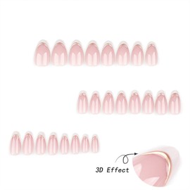Almond Press on Nails Medium Pink Fake Nails with 3D Gold Stripes Designs White French Tips Fall Nails Press ons Winter False Nails Acrylic Glue on Nails Glossy Stick on Nails for Women 24 Pcs
