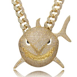 ICEDIAMOND Luxury Lab Diamond Big Shark Pendant Necklace, Iced Out Full Super Shiny 5A Zircon with Cuban Link Chain, Gold Plated Hip Hop Jewelry for Men Women (G-20''Cuban)