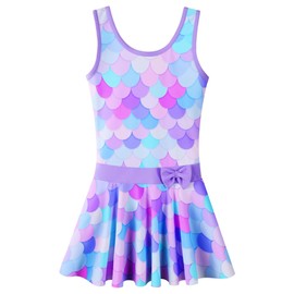 Girls Swimsuit One Piece UPF 50+ Floral Skirted Bathing Suit Modest Beach Swim Dress S458_PurpleScale_128/134