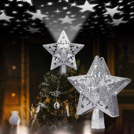 Christmas Tree Topper Lighted Projector for Christmas Tree Decorations Ornaments, 3D Hollow Glitter Rotating LED Night Light (Star, Silver)
