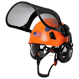 Orange Chainsaw Helmet with Face Shield and Ear Muffs Visor-Vented Arborist Helmet with Hearing Protection & Mesh Full Face Mask,ANSI OSHA Approved Forestry Helmet with Safety Googles Ear Protection