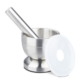 Relaxdays Mortar with Pestle, Stainless Steel, with Lid, Spices, Herbs, Non-Slip Hand Mortar, Diameter 10 cm, 200 ml, Grey