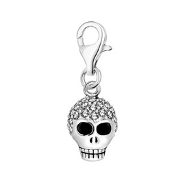 Quiges 3D Skull Clip On Charm Pendant with Cubic Zirconia Silver Plated Women's Jewellery