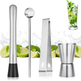 Set of 4 Cocktail Muddler Set, Stainless Steel Mojito Cocktail Muddler Bar Tool Set for Oktoberfest, Mojito Cocktail Stirring Spoon with Pestle Ice Clip Measuring Cup Mojito Set