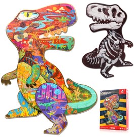 HAS Floor Puzzles for Ages Kids 4-10, 48 PCS Double-Sided Dinosaur Puzzles, Unique Large Pieces Irregular Shape Jigsaw Puzzle for Children(T-Rex)