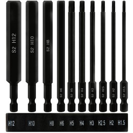 CYLBAQ 10 Pieces 100 mm Hex Screwdriver Bits Set 1.5/2/2.5/3/4/5/6/8/10/12 mm, 1/4 Inch Hex Shank S2 Impact Wrench Bit Set for Cordless Screwdrivers Magnetic Hexagon Screwdriver Bit Set