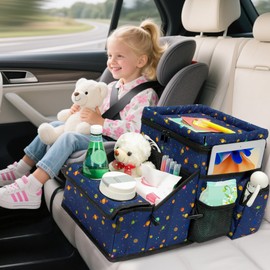 Car Seat Organizer, Backseat Car Organizer with Cup Holder Tray and Storages for Kids and Adults, Portable Travel Cooler for Car for Front or Back Seat Passenger Organizer Ccompartment (Blue)