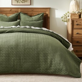 EverGrace Cross-Stitch Velvet Quilt Set, Queen Size, Loden Green
