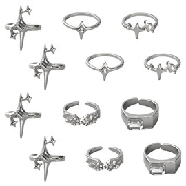 GOMAKERER 12 Pcs 6 Styles Vintage Silver Rings, Star Rhinestone Alloy Cuff Rings Stackable Finger Ring Chunky Irregular Adjustable Finger Ring for Women Jewlery Boho Gift