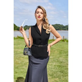 Belle Poque Women's Vintage Lapel Collar Button Down Suit Vest Casual V Neck Peplum Dressy Vest Top, black, S