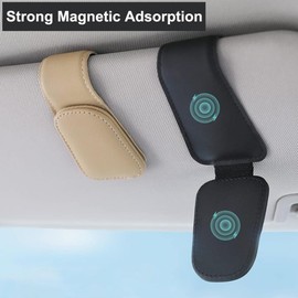 Reelau 2 Pack Sunglasses Holders for Car Sun Visor, Magnetic Leather Glasses Eyeglass Hanger Clip for Car, Ticket Card Clip, Car Visor Accessories (Black)