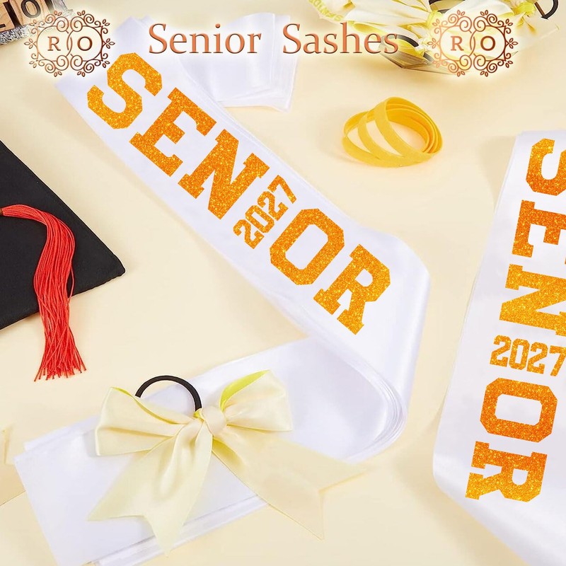 10Pcs White Senior 2027 Satin Sashes with Orange Glitter Letters-