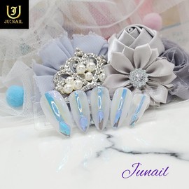 Blue powder point handmade nail tip - Long ballerina / 블루파우더포인트 수제네일팁 - 롱발레리나