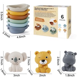Auvitaya Baby Bath Toy Stackable Infant Bathtub Toys Stacking Floating Boat Train with Animal Finger Puppets Bath Toy Silicone Hand Puppet Educational Beach Toys for Babies Toddlers Party Favors