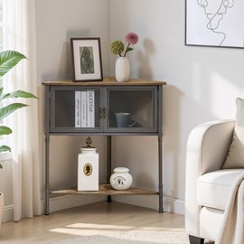 VECELO 3-Tier Corner Table,Cabinet with Mesh Door and Open-Shelf,Corner Shelf Stand,Metal Frame Storage Shelf Organizer Display Shelves for Bedroom,Living Room,Kitchen,Bathroom