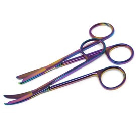 Set of 2 Suture Stitch Scissors with Multicolor/Rainbow Titanium Coating - Premium Quality Instrument - Delicate Hook - Perfect for Suture Removal, First Aid, EMS Training Straight & Curved