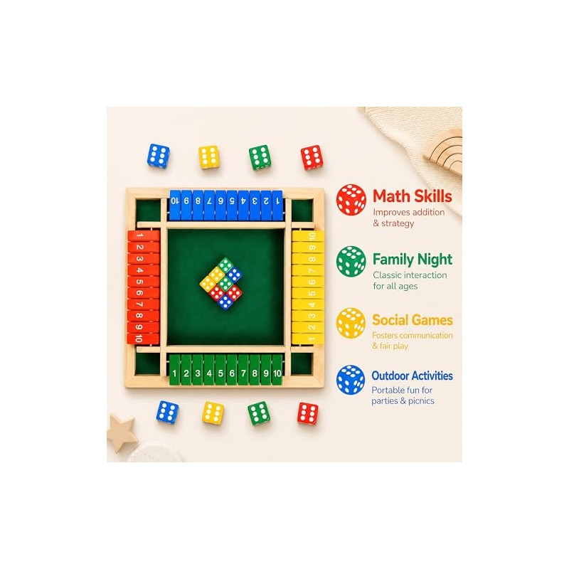 Shut The Box Game, Wooden Number Flip Board Dice Tabletop