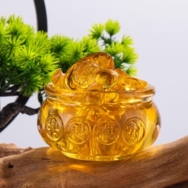 AOFEGRLT 3.15" Glass Wealth Bowl with 1 Large & 42 Small Ingots, Golden Treasure Basin Feng Shui Money Bowl for Home Office