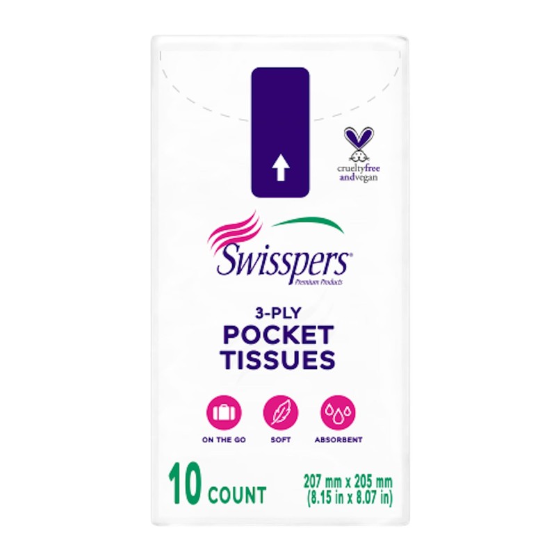 Swisspers Pocket Tissues, 3-Ply White Facial Tissues for Purse, Pocket,