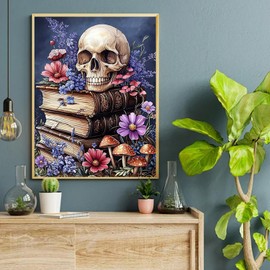 Diamond Art Kits for Adults Beginner, Skull Vintage Books Diamond Painting Kits 5D Diamond Dots Gem Art Crafts with Tools, Round Full Drill Funny Crafts for Home Wall Decor&Gift-12x16 inch
